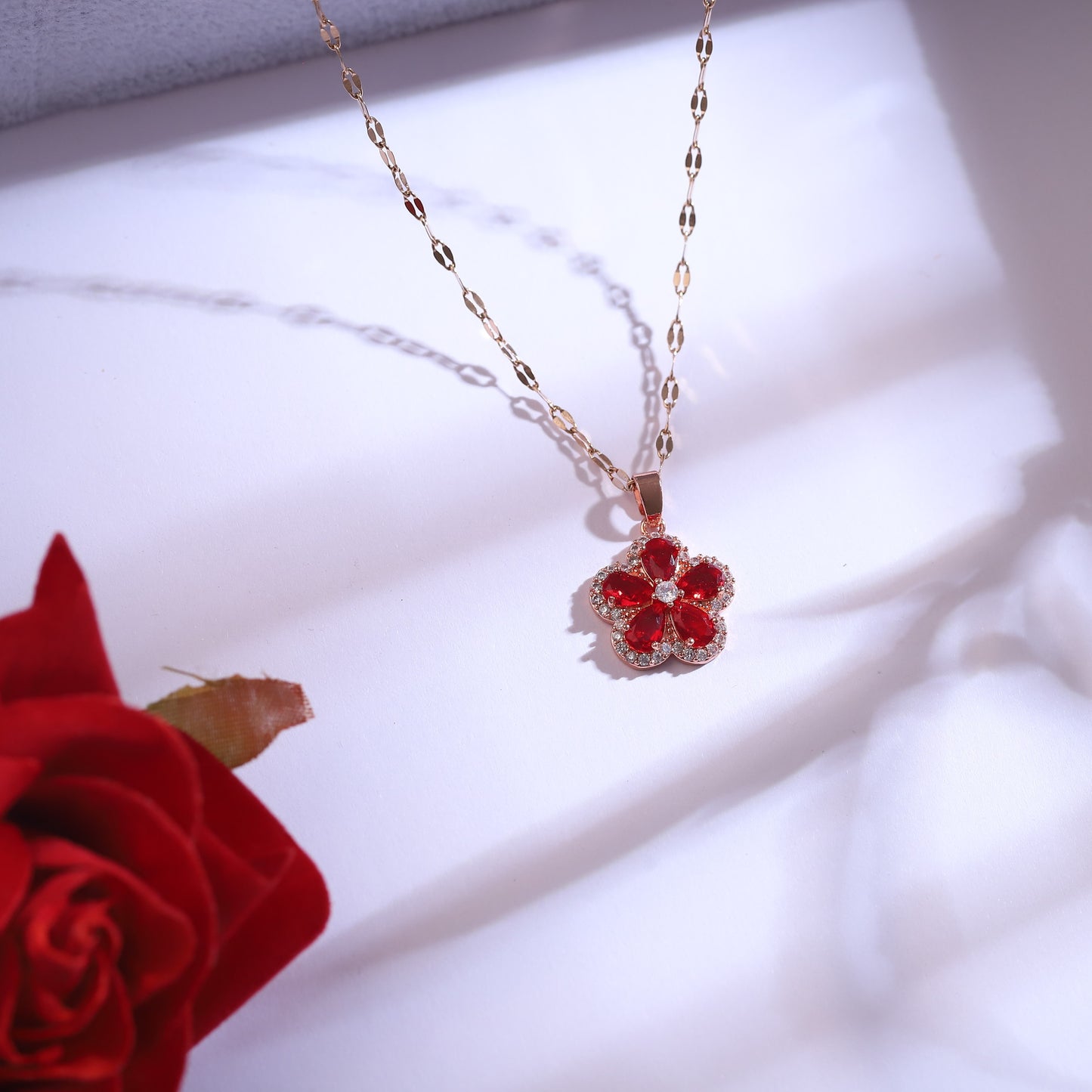 Rose Gold Red Floral Necklace Set