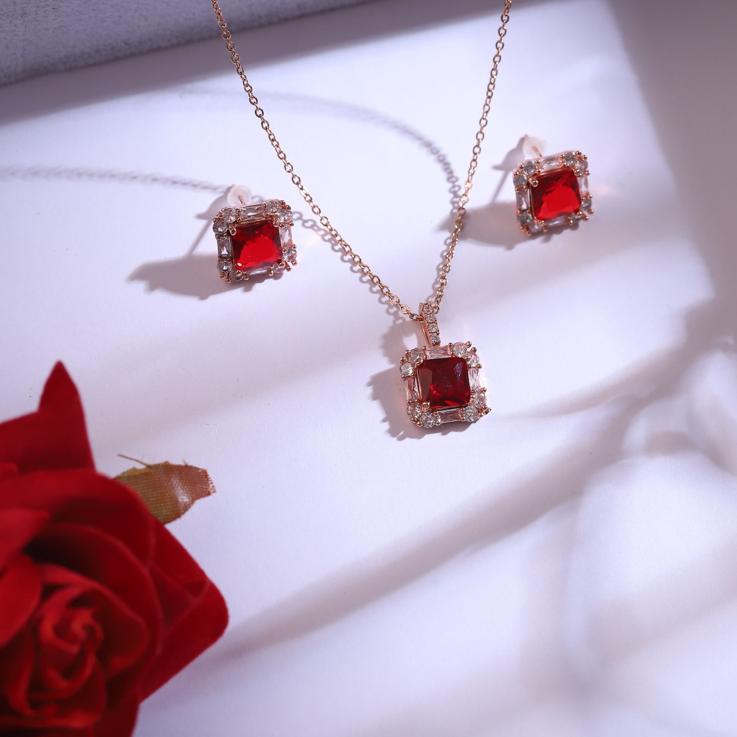Ruby Red Necklace and Earrings Set | Gold Tone Gemstone Jewelry for Women