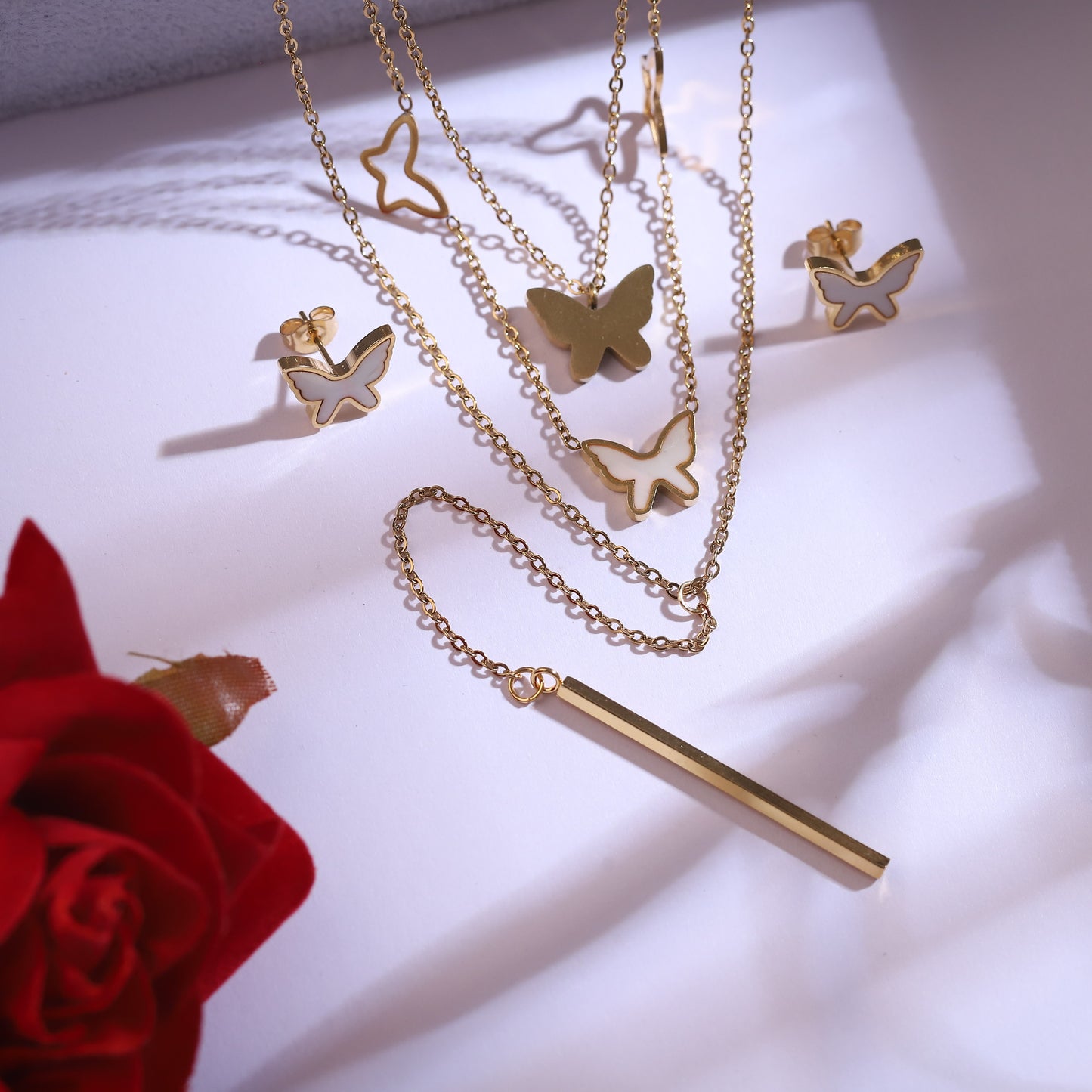Gold Butterfly & Bar Necklace Set - Dainty Multi-Layered Jewelry with Butterfly Earrings