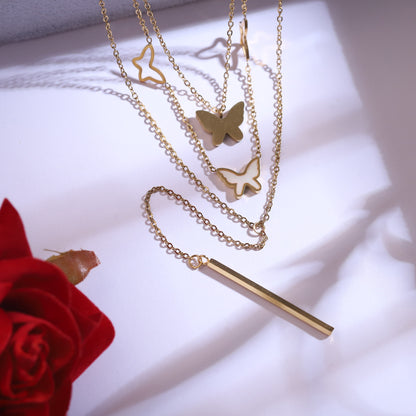 Gold Butterfly & Bar Necklace Set - Dainty Multi-Layered Jewelry with Butterfly Earrings