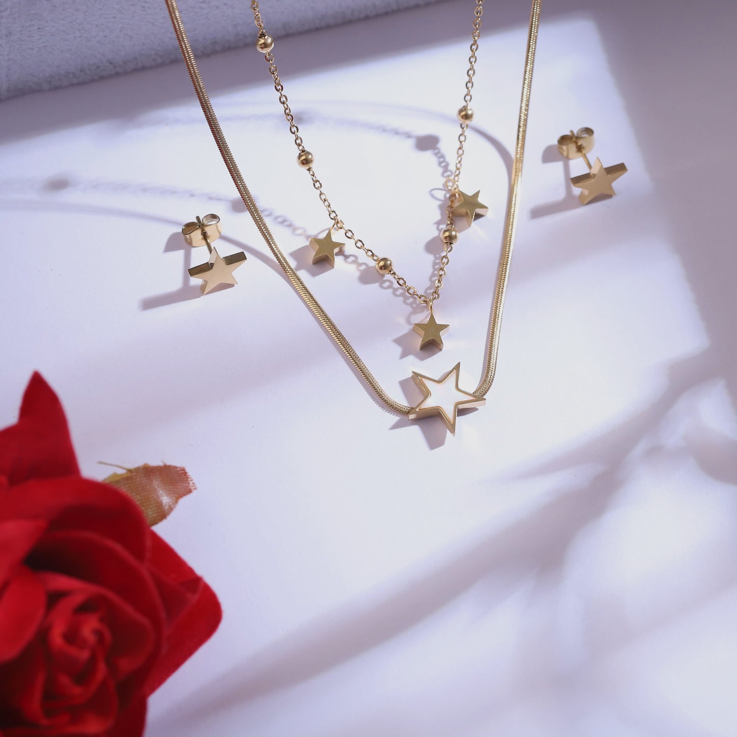 Dainty Gold Tone Star Charm Necklace & Studs | Waterproof Anti-Tarnish Set