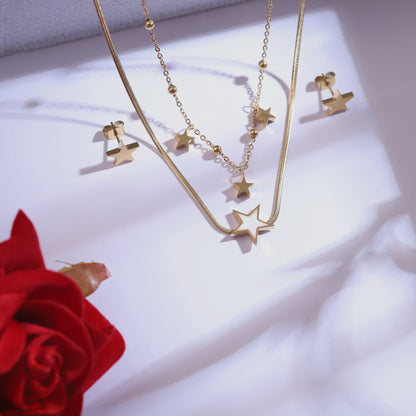 Dainty Gold Tone Star Charm Necklace & Studs | Waterproof Anti-Tarnish Set