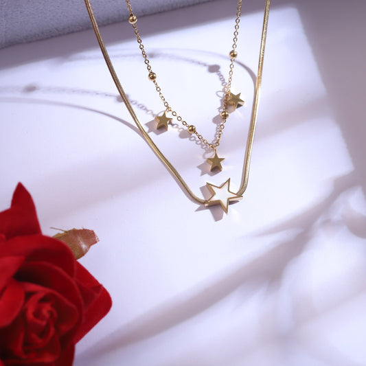 Dainty Gold Tone Star Charm Necklace & Studs | Waterproof Anti-Tarnish Set