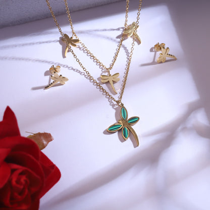 22K Gold Plated Dragonfly Necklace & Earring Set | Green Malachite Stainless Steel