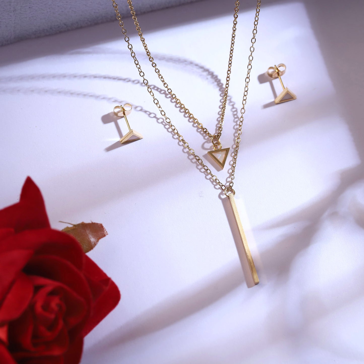 Gold Geometric Necklace Set - Triangle Bar Pendant & Stud Earrings