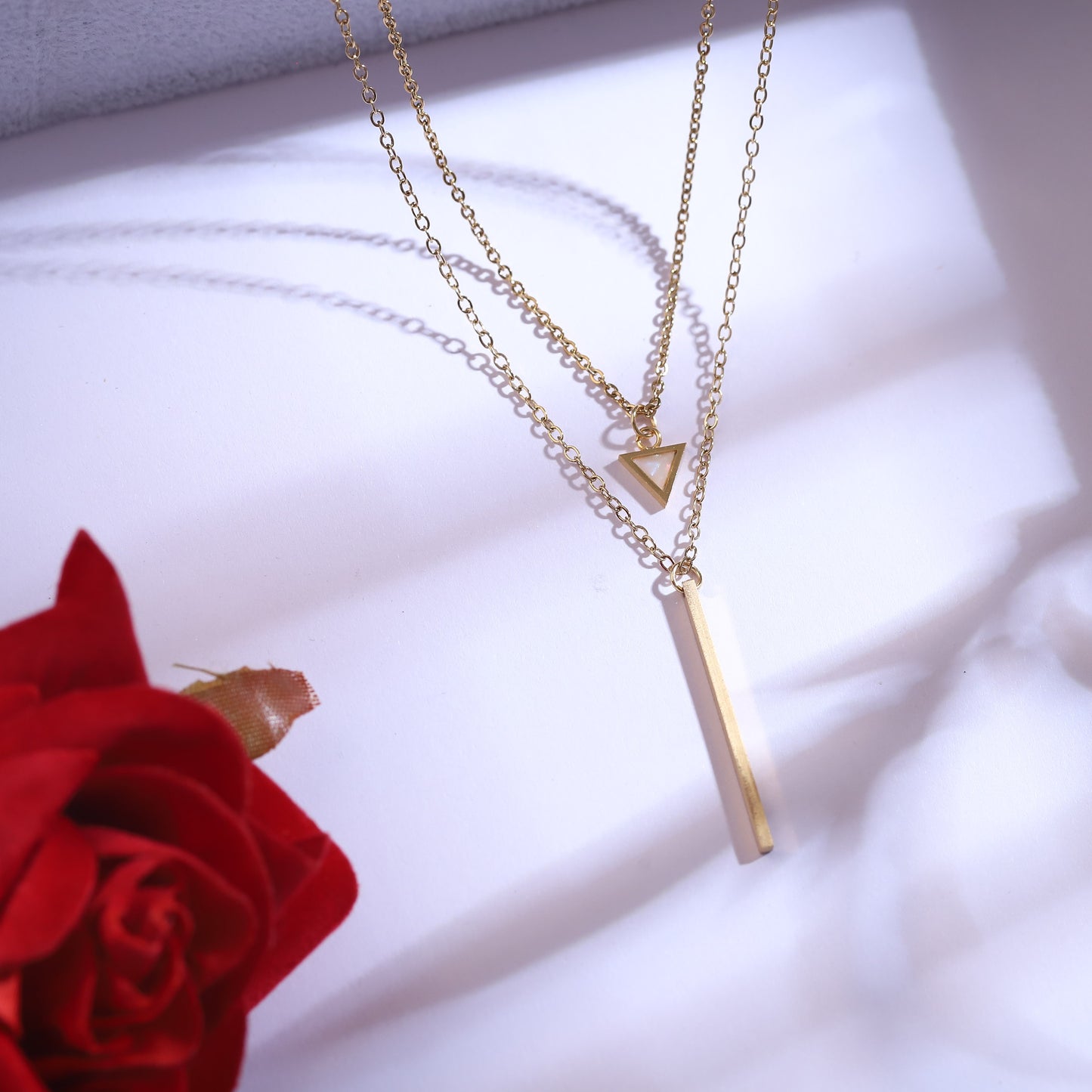 Gold Geometric Necklace Set - Triangle Bar Pendant & Stud Earrings