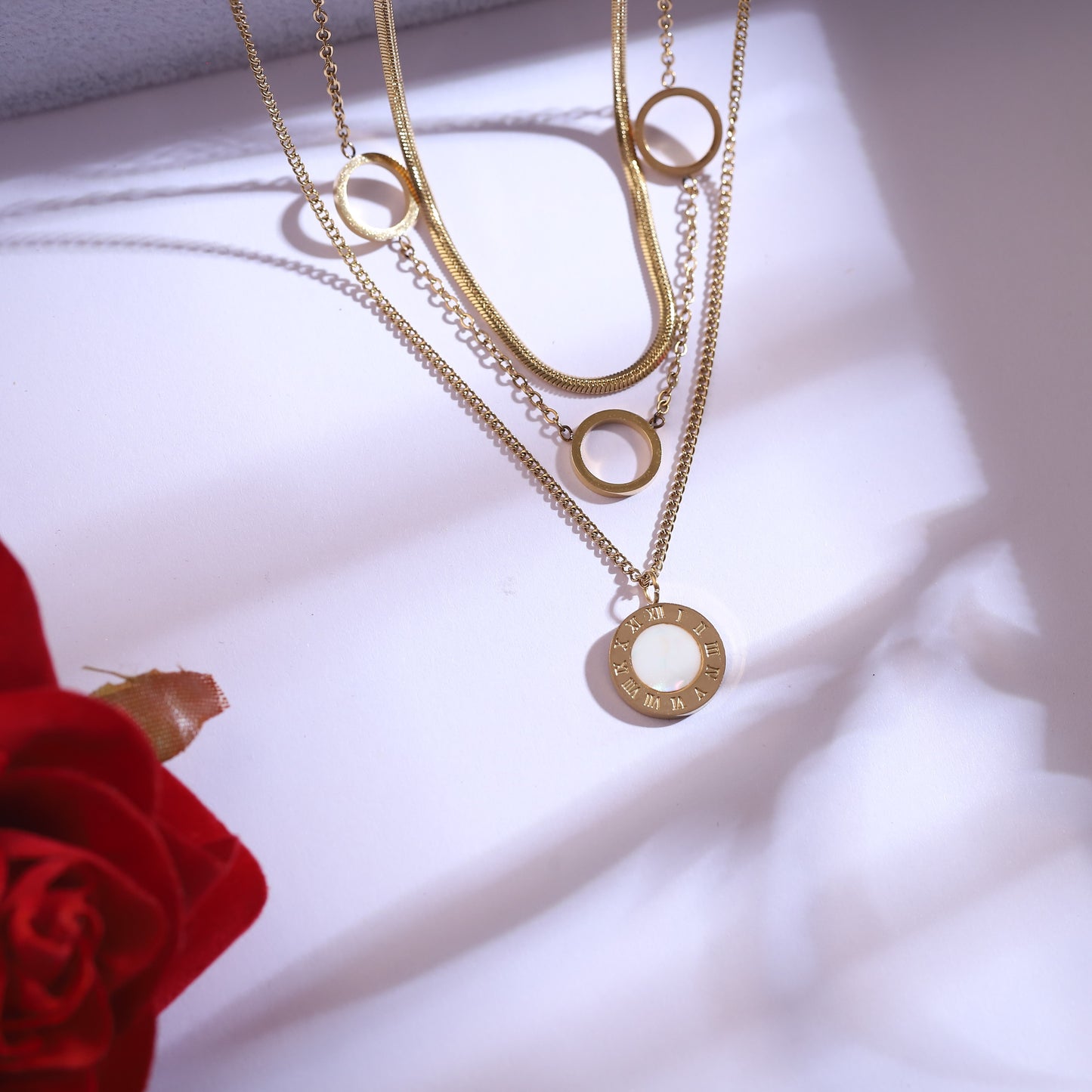 22K Gold Plated Layered Roman Numeral Necklace Set | Stainless Steel Jewelry