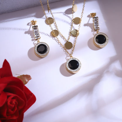 Gold Black Onyx & Crystal Necklace Set - Dangle Earrings & Layered Chain Jewelry