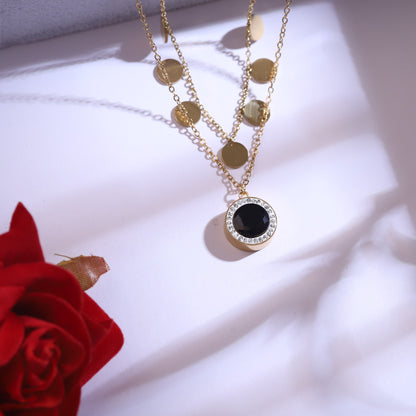 Gold Black Onyx & Crystal Necklace Set - Dangle Earrings & Layered Chain Jewelry