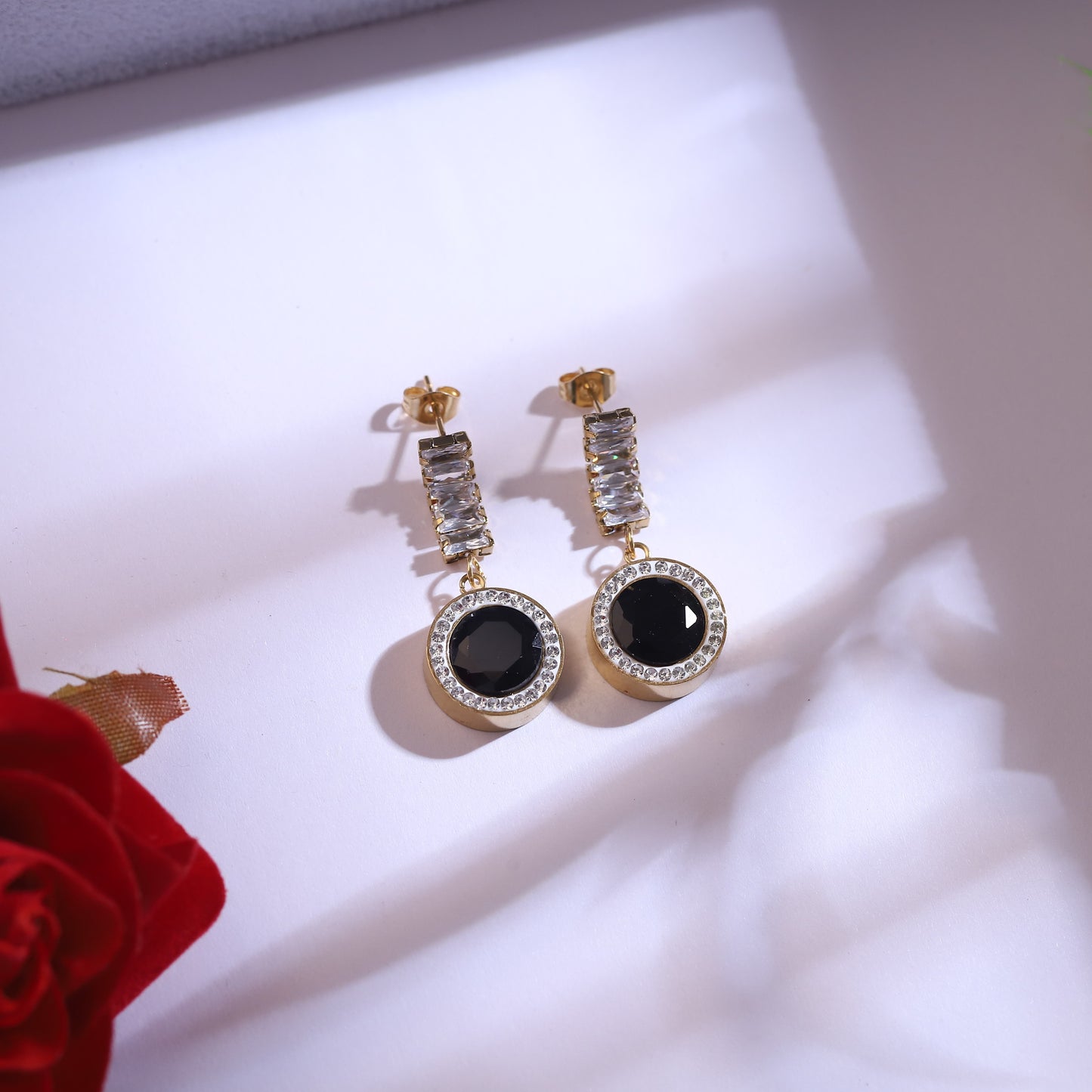 Gold Black Onyx & Crystal Necklace Set - Dangle Earrings & Layered Chain Jewelry