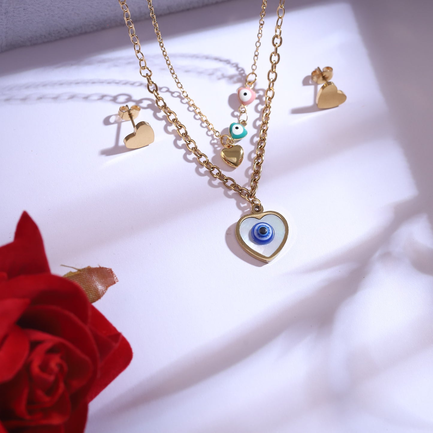 Gold Heart Evil Eye Necklace & Stud Earring Set - Dainty Protection Jewelry