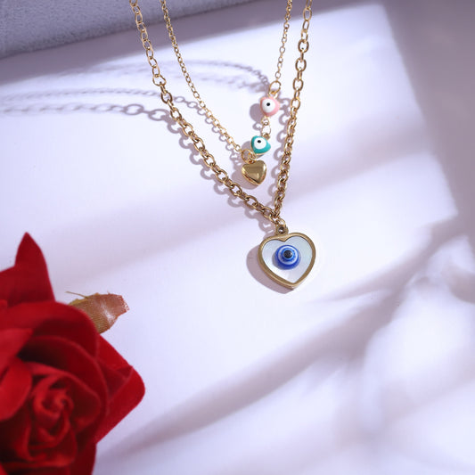 Gold Heart Evil Eye Necklace & Stud Earring Set - Dainty Protection Jewelry