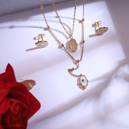 Hamsa Hand Evil Eye Necklace & Earring Set - Gold Tone Dainty Protection Jewelry