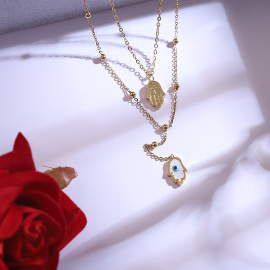 Hamsa Hand Evil Eye Necklace & Earring Set - Gold Tone Dainty Protection Jewelry
