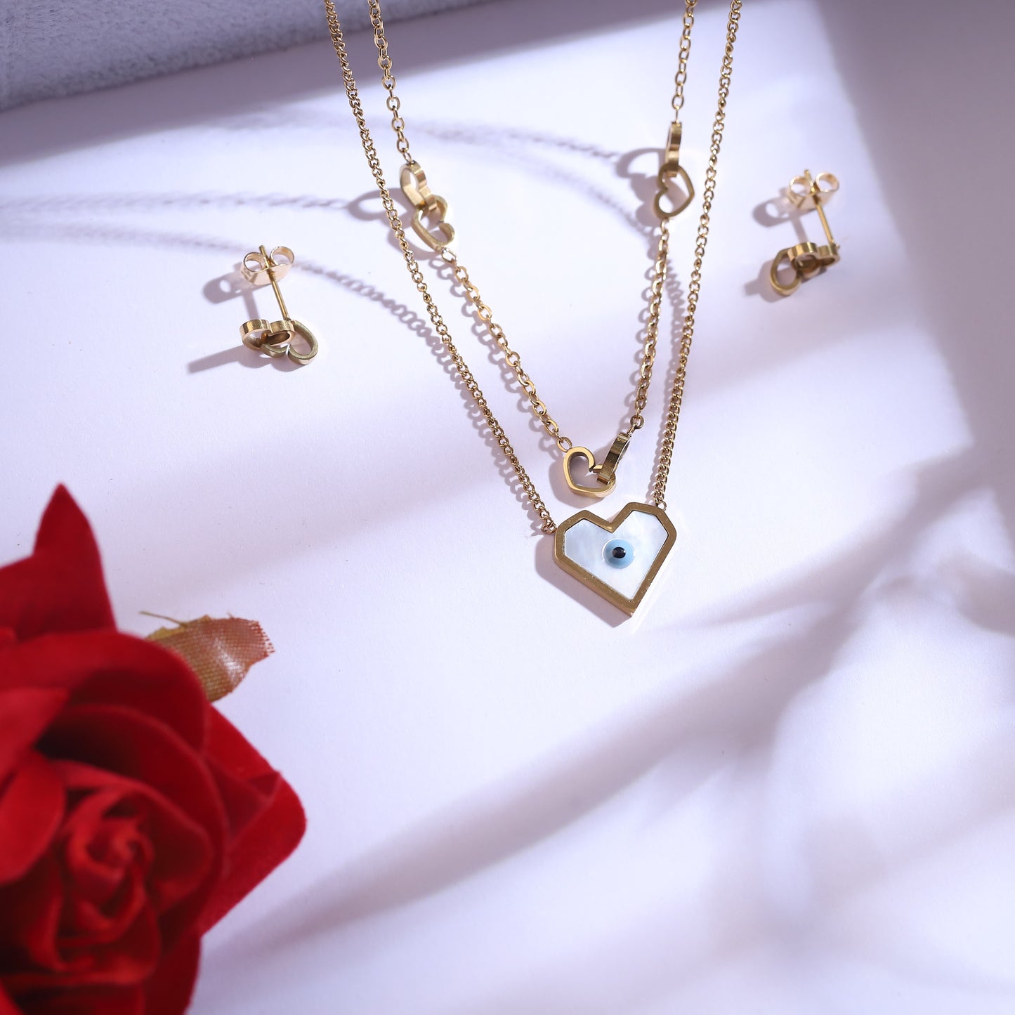22K Gold Plated Heart Evil Eye Necklace Set | Stainless Steel Protection Jewelry