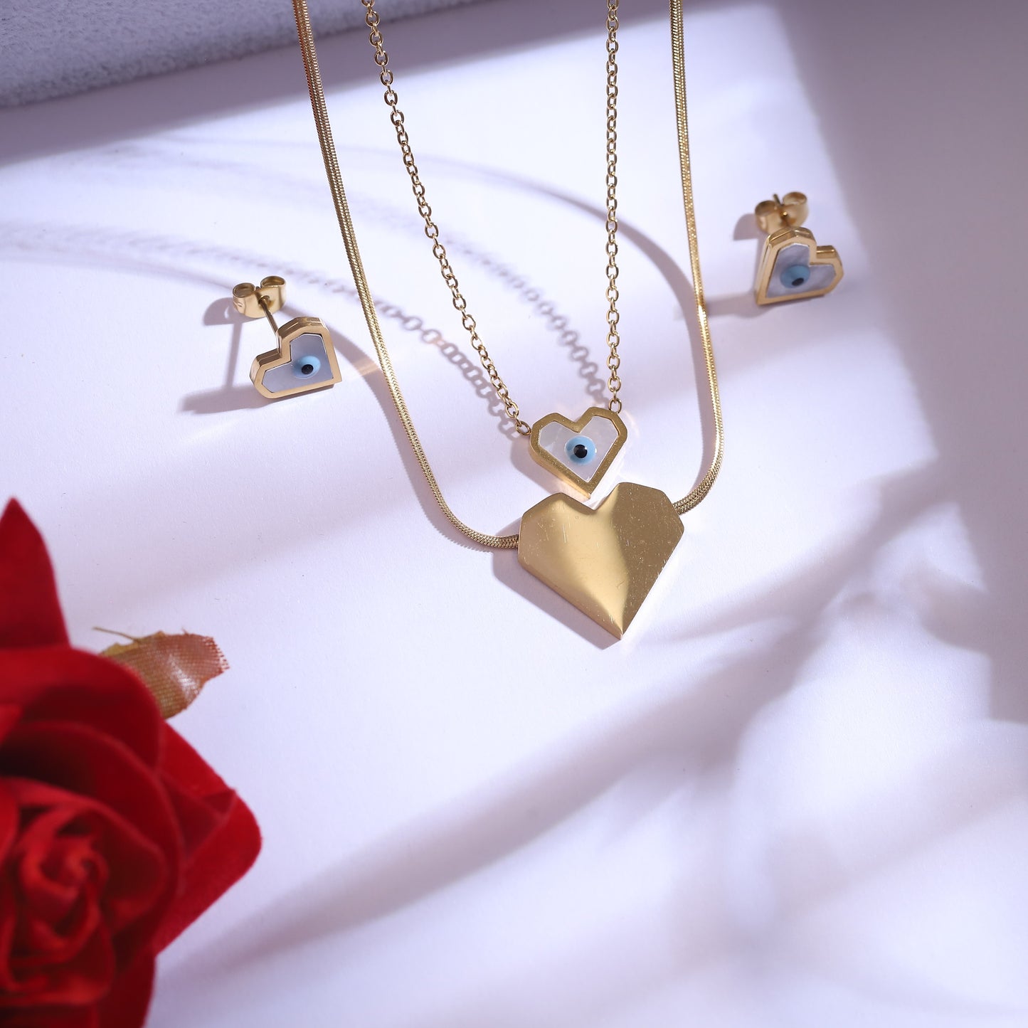 22K Gold Plated Layered Heart Evil Eye Necklace Set | Stainless Steel Protection Jewelry