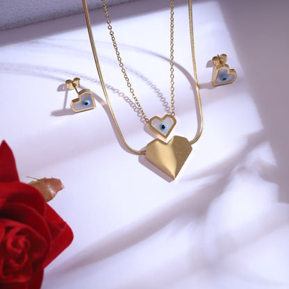 22K Gold Plated Layered Heart Evil Eye Necklace Set | Stainless Steel Protection Jewelry