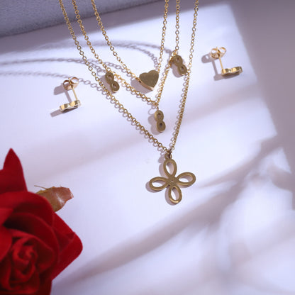 Gold Four-Leaf Clover Heart Infinity Necklace Set - Lucky Charm Layered Jewelry with Earrings