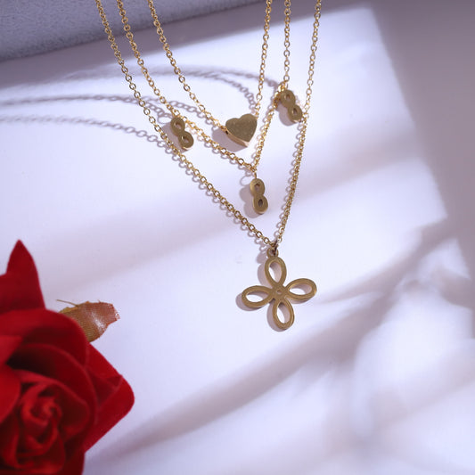 Gold Four-Leaf Clover Heart Infinity Necklace Set - Lucky Charm Layered Jewelry with Earrings