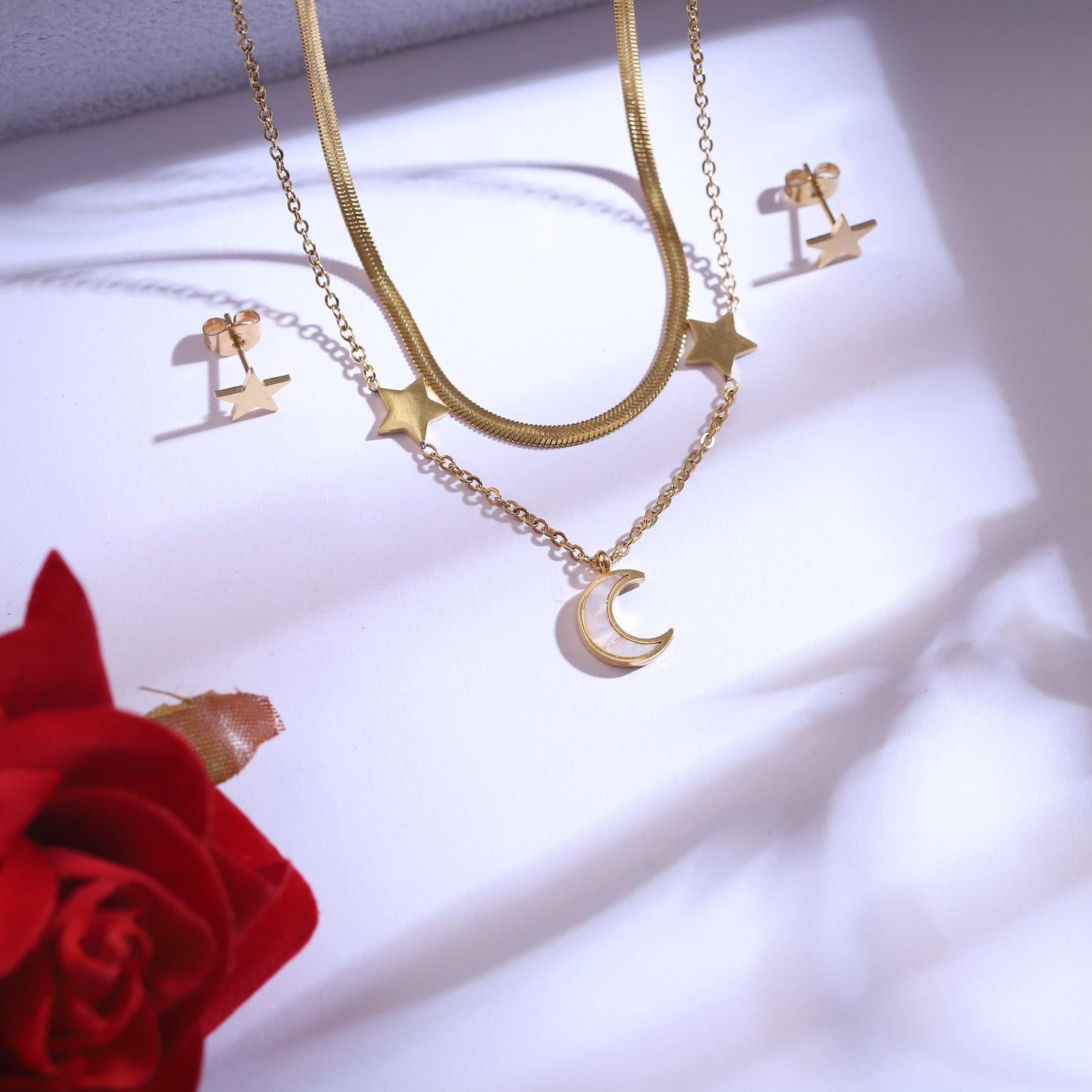 Golden Moon & Star Layered Necklace Set - Dainty Celestial Jewelry