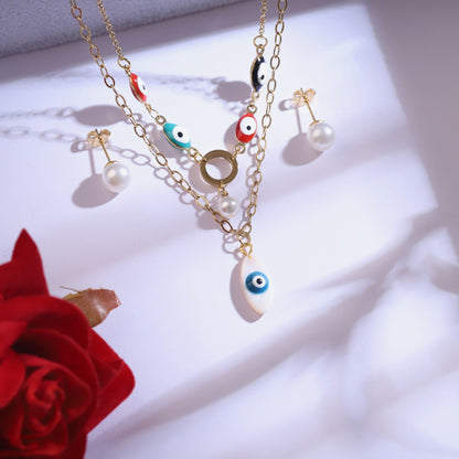 Colorful Evil Eye Layered Necklace & Pearl Earring Set - Gold Tone Protection Jewelry