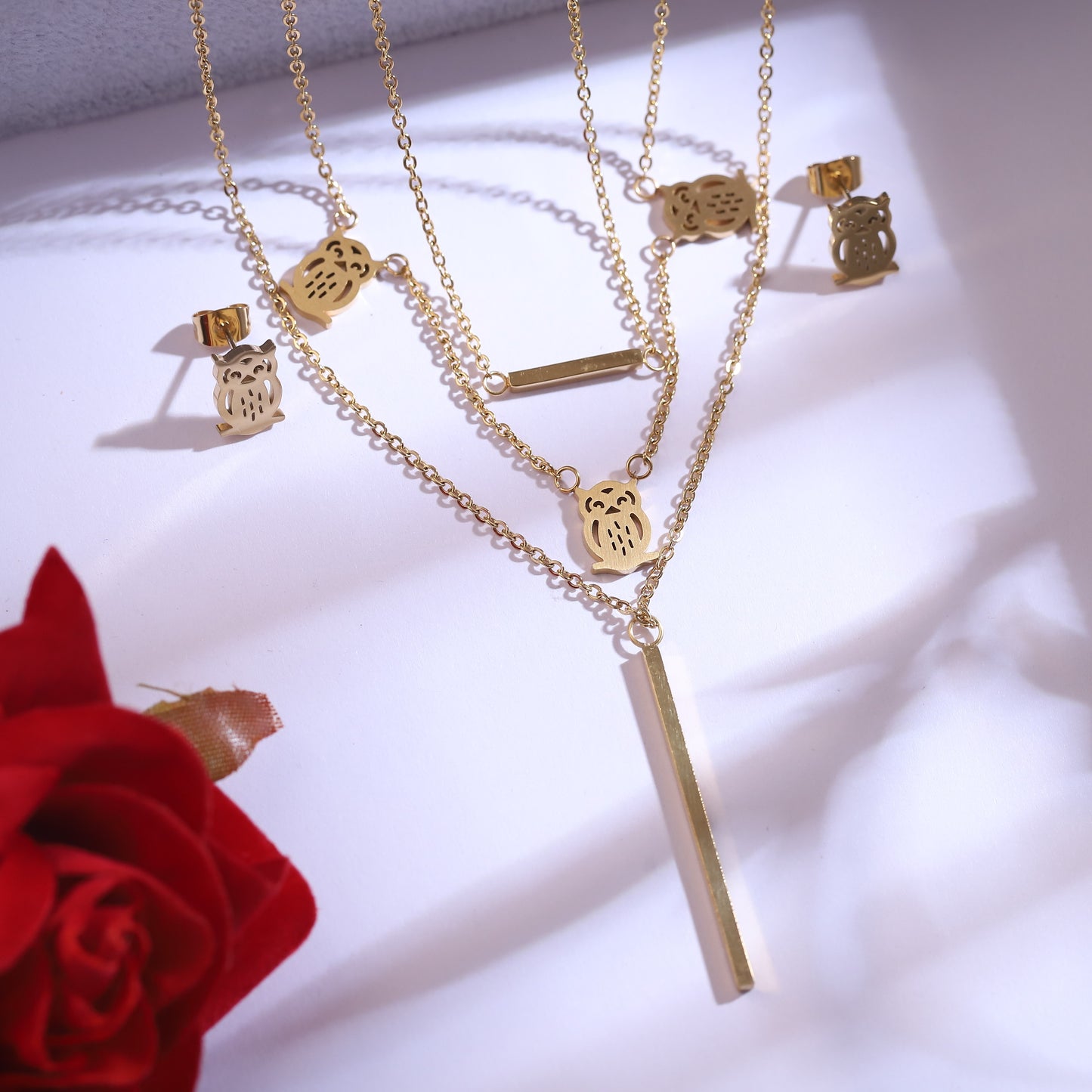 Golden Owl Layered Necklace & Bar Earring Set - Cute Animal Jewelry