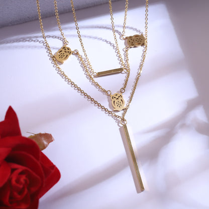 Golden Owl Layered Necklace & Bar Earring Set - Cute Animal Jewelry