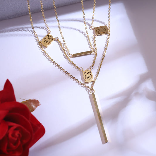 Golden Owl Layered Necklace & Bar Earring Set - Cute Animal Jewelry