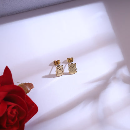 Golden Owl Layered Necklace & Bar Earring Set - Cute Animal Jewelry