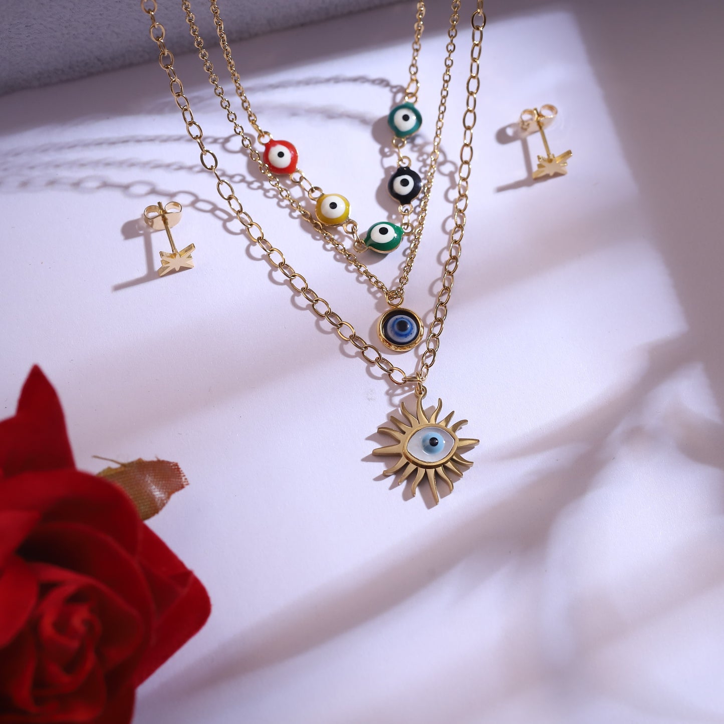 Golden Evil Eye & Sun Layered Necklace Set with Star Earrings - Protective Charm Jewelry