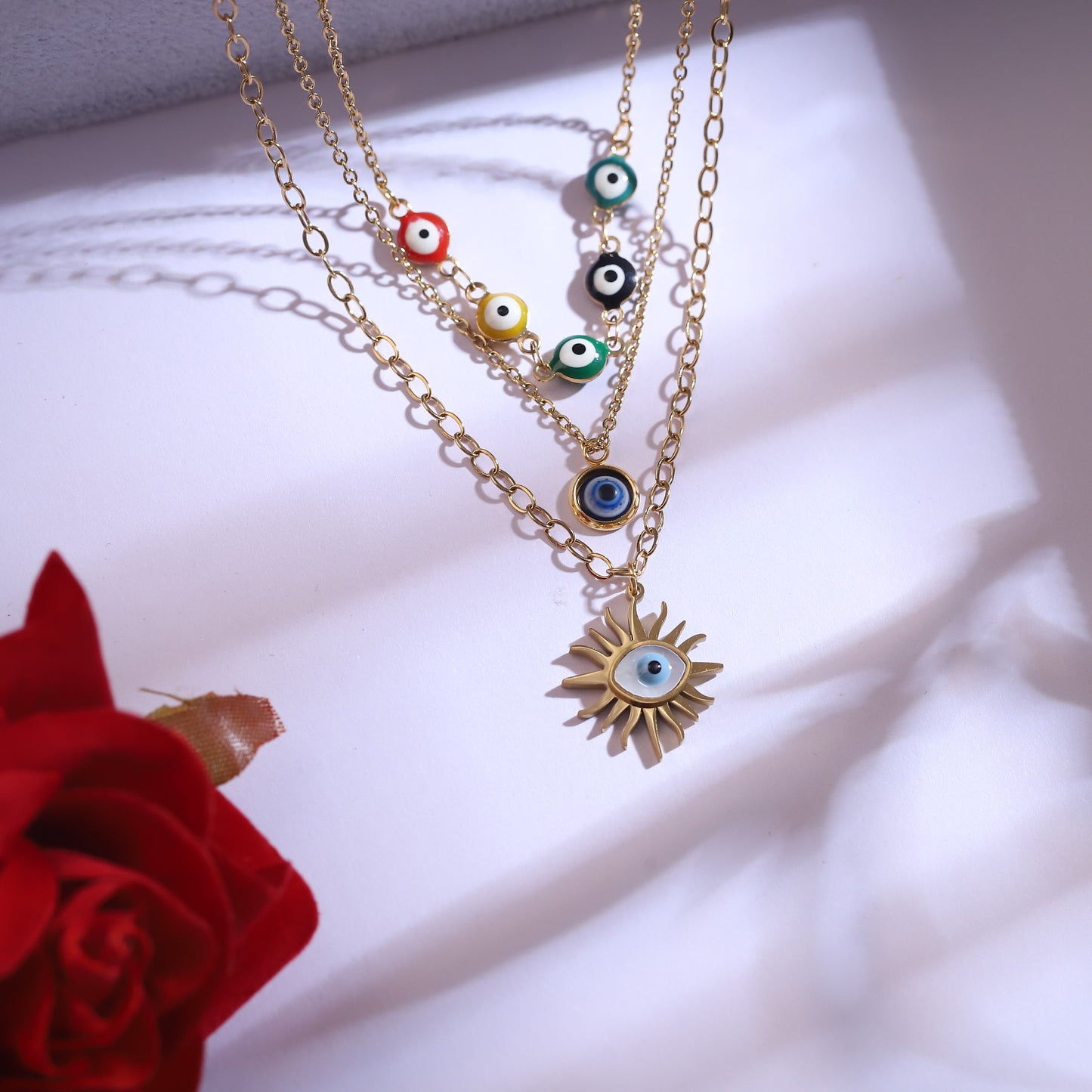 Golden Evil Eye & Sun Layered Necklace Set with Star Earrings - Protective Charm Jewelry