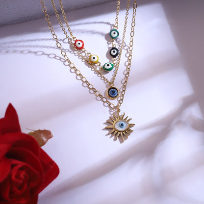 Golden Evil Eye & Sun Layered Necklace Set with Star Earrings - Protective Charm Jewelry