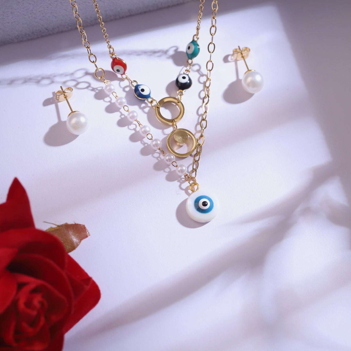 White Evil Eye & Pearl Layered Necklace Set with Pearl Earrings - Gold Tone Protection Jewelry