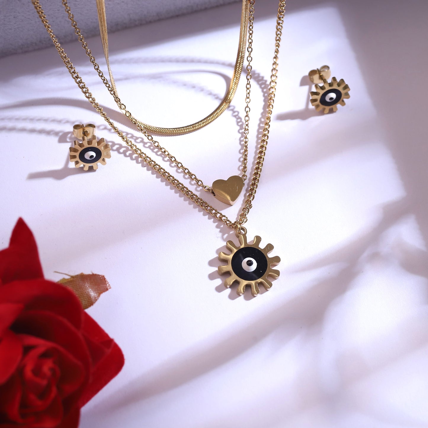 Golden Sun Evil Eye & Heart Layered Necklace Set with Matching Earrings