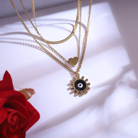 Golden Sun Evil Eye & Heart Layered Necklace Set with Matching Earrings
