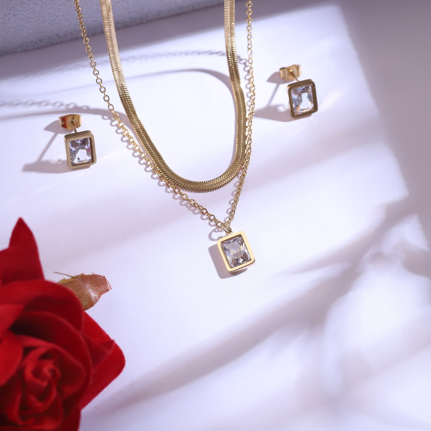 Gold Plated Layered Necklace Set with Rectangular Zirconia & Stud Earrings