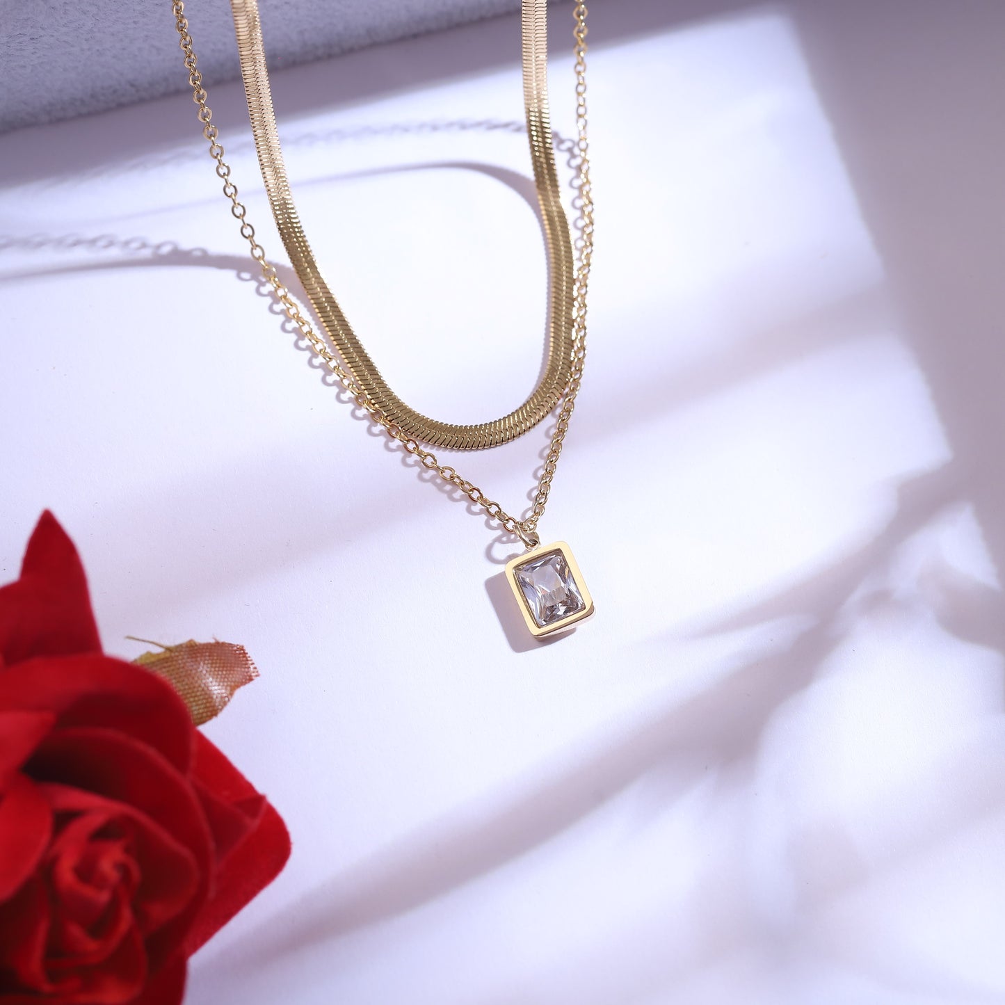 Gold Plated Layered Necklace Set with Rectangular Zirconia & Stud Earrings