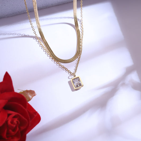 Gold Plated Layered Necklace Set with Rectangular Zirconia & Stud Earrings