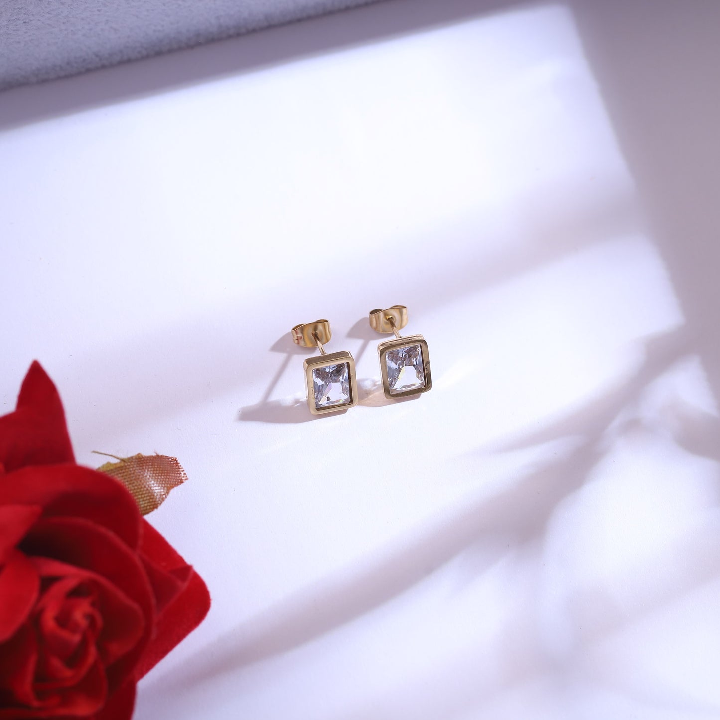 Gold Plated Layered Necklace Set with Rectangular Zirconia & Stud Earrings