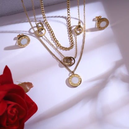 Gold Plated Roman Numeral & Interlocking Ring Layered Necklace Set with Stud Earrings