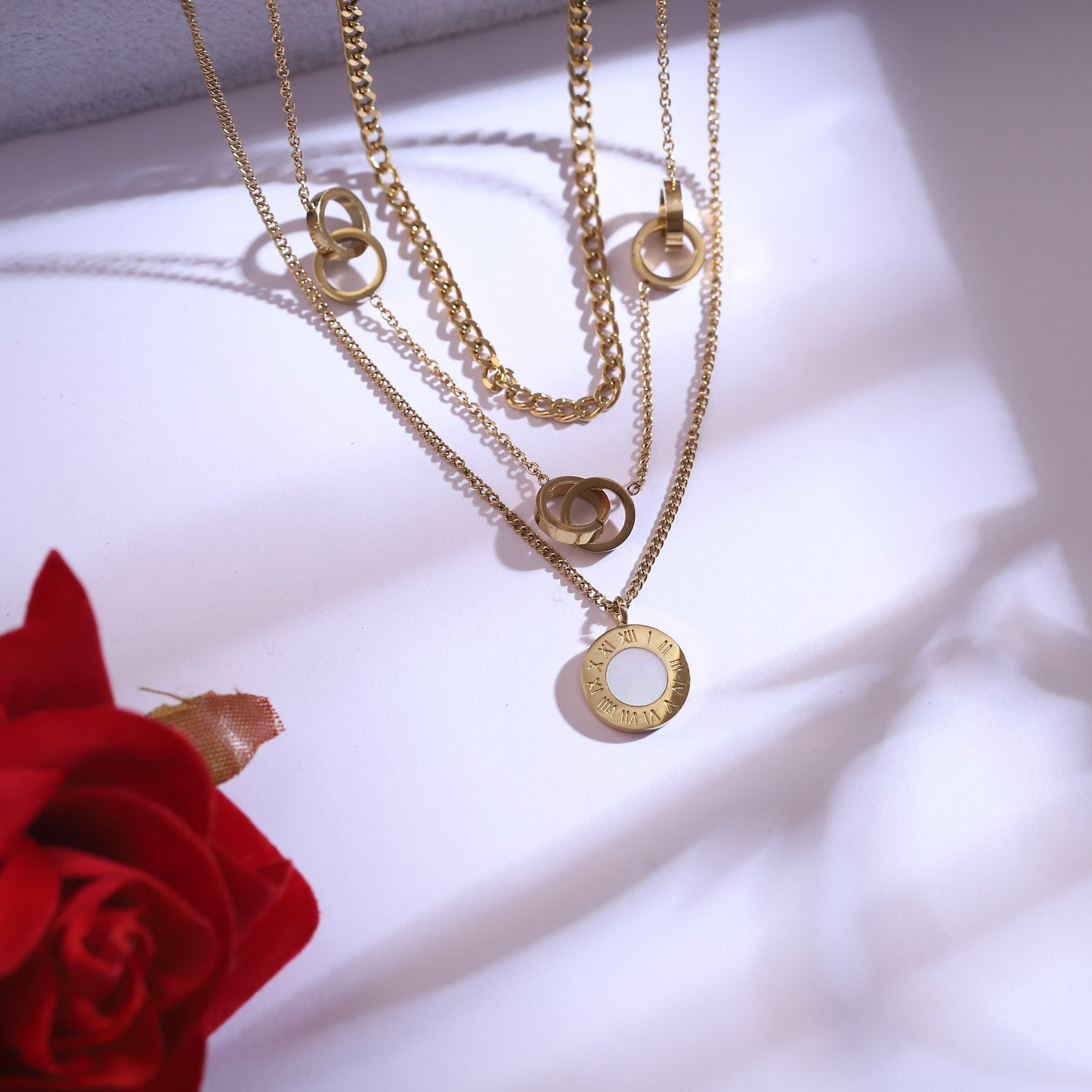 Gold Plated Roman Numeral & Interlocking Ring Layered Necklace Set with Stud Earrings