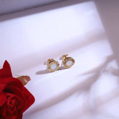 Gold Plated Roman Numeral & Interlocking Ring Layered Necklace Set with Stud Earrings