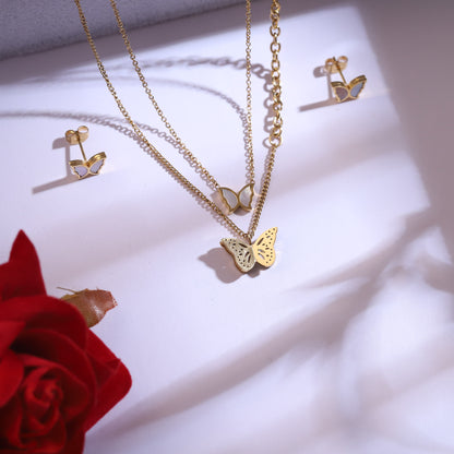 Dainty Golden Butterfly Layered Necklace Set with Mother of Pearl & Stud Earrings