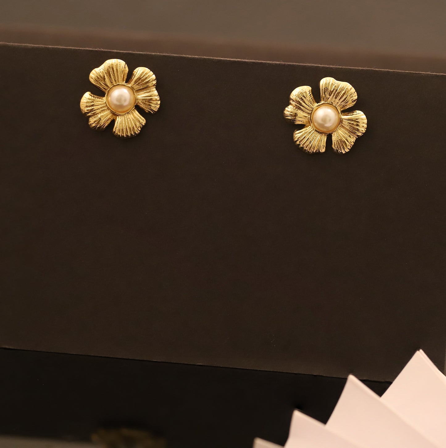 Textured Gold Flower Stud Earrings with Pearl Center - Vintage Floral Jewelry