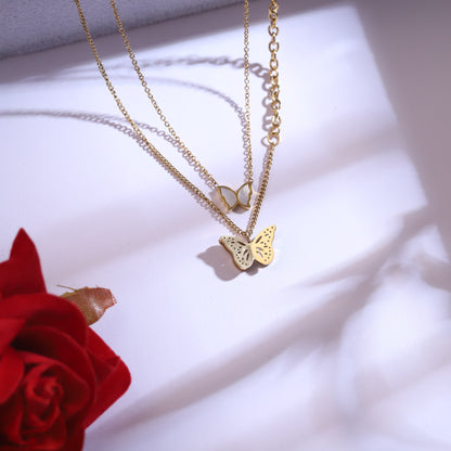 Dainty Golden Butterfly Layered Necklace Set with Mother of Pearl & Stud Earrings