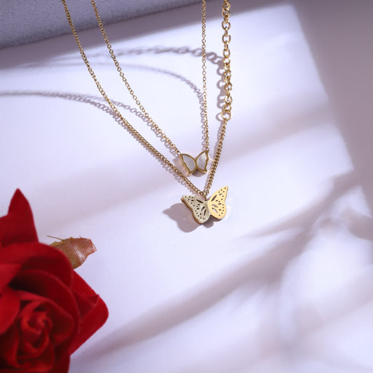 Dainty Golden Butterfly Layered Necklace Set with Mother of Pearl & Stud Earrings