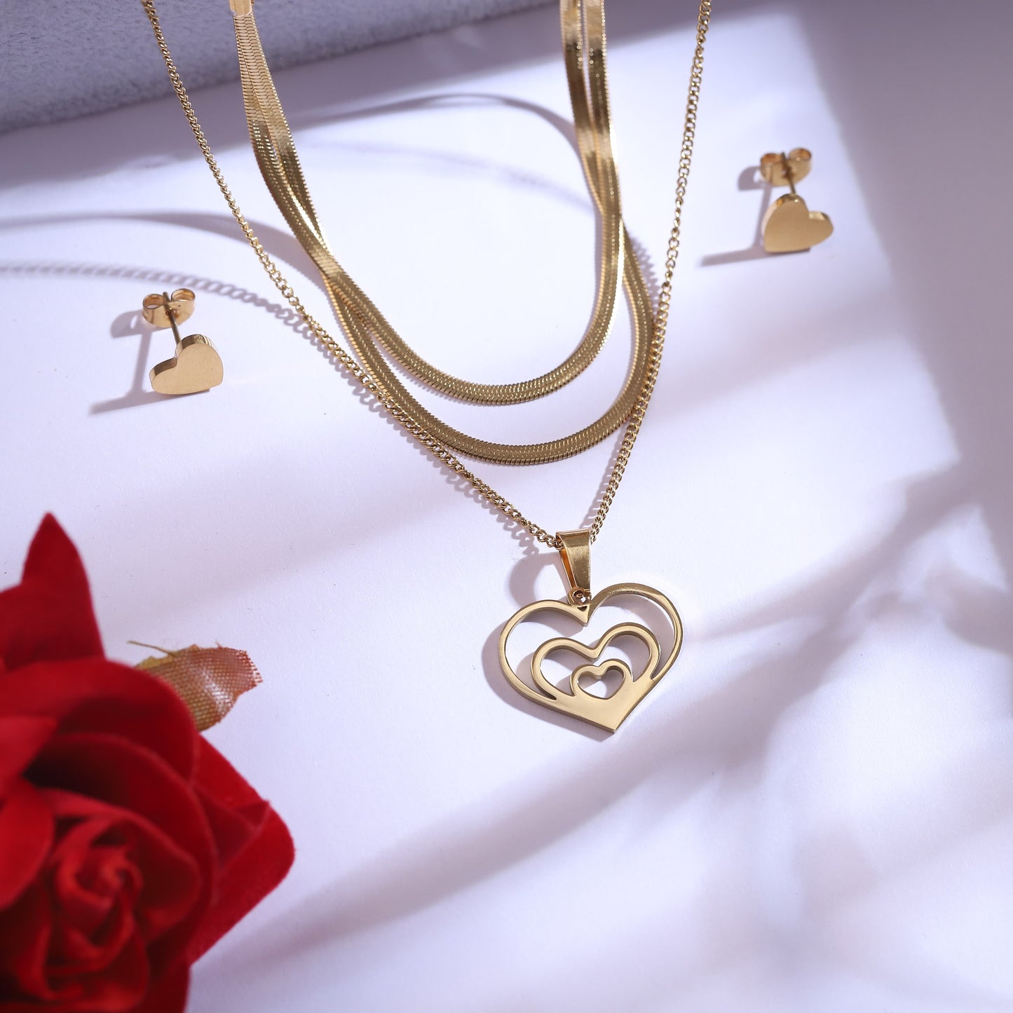 Golden Interlocking Heart Layered Necklace Set with Heart Stud Earrings - Love Jewelry