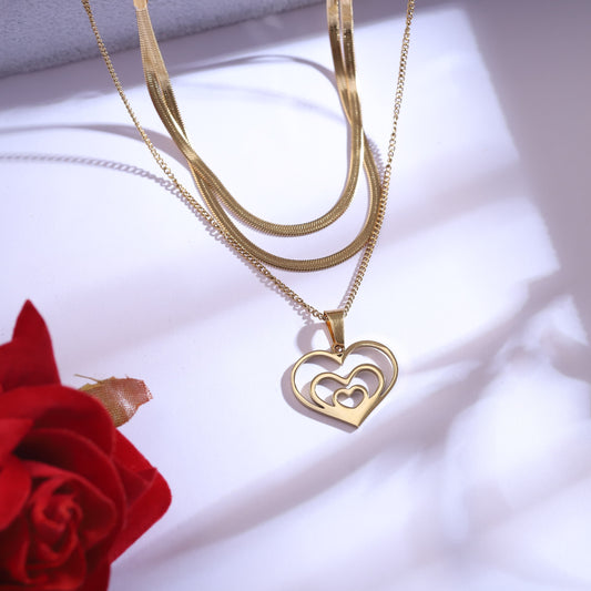 Golden Interlocking Heart Layered Necklace Set with Heart Stud Earrings - Love Jewelry