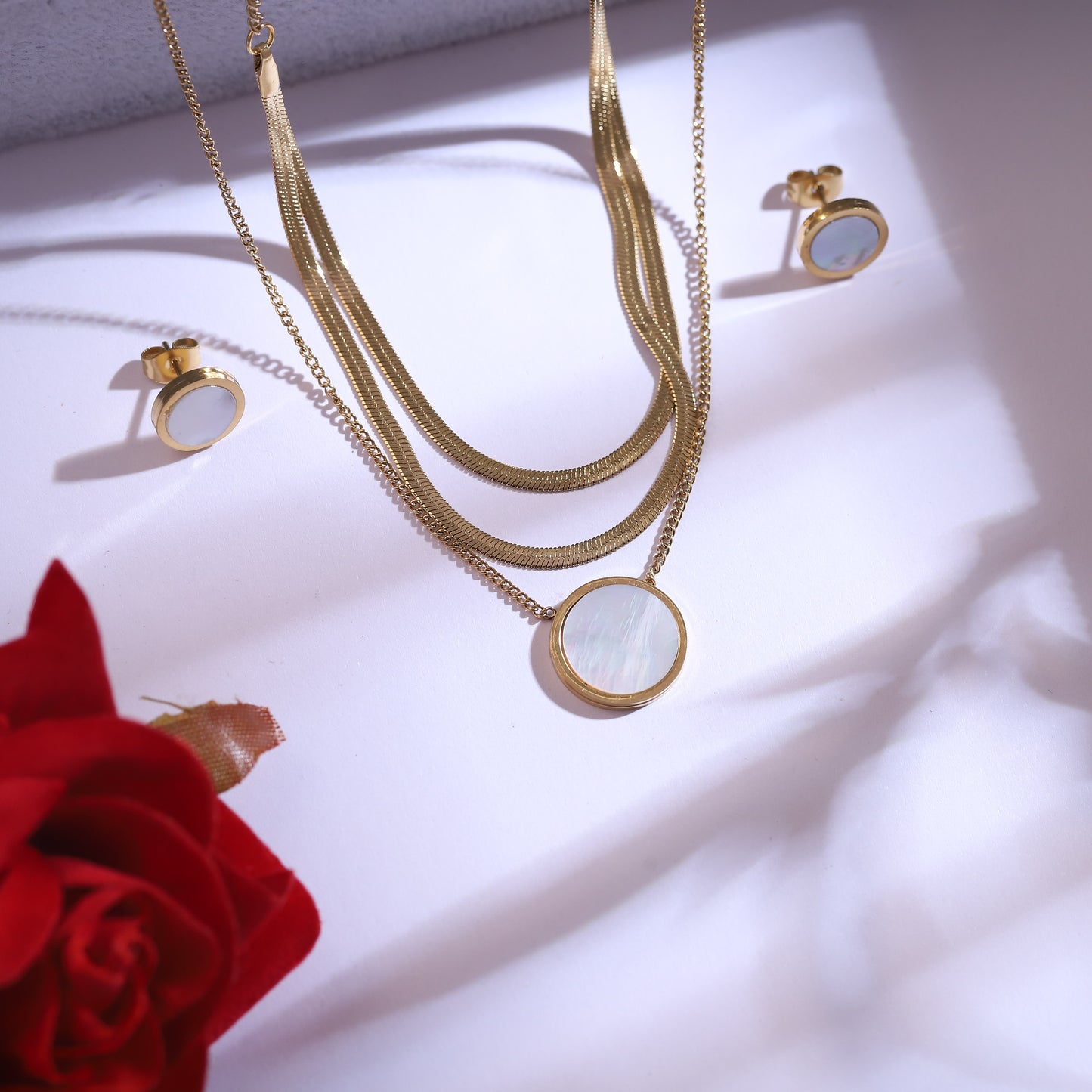 Golden Mother of Pearl Disc Layered Necklace Set with Stud Earrings - Elegant Minimalist Jewelry