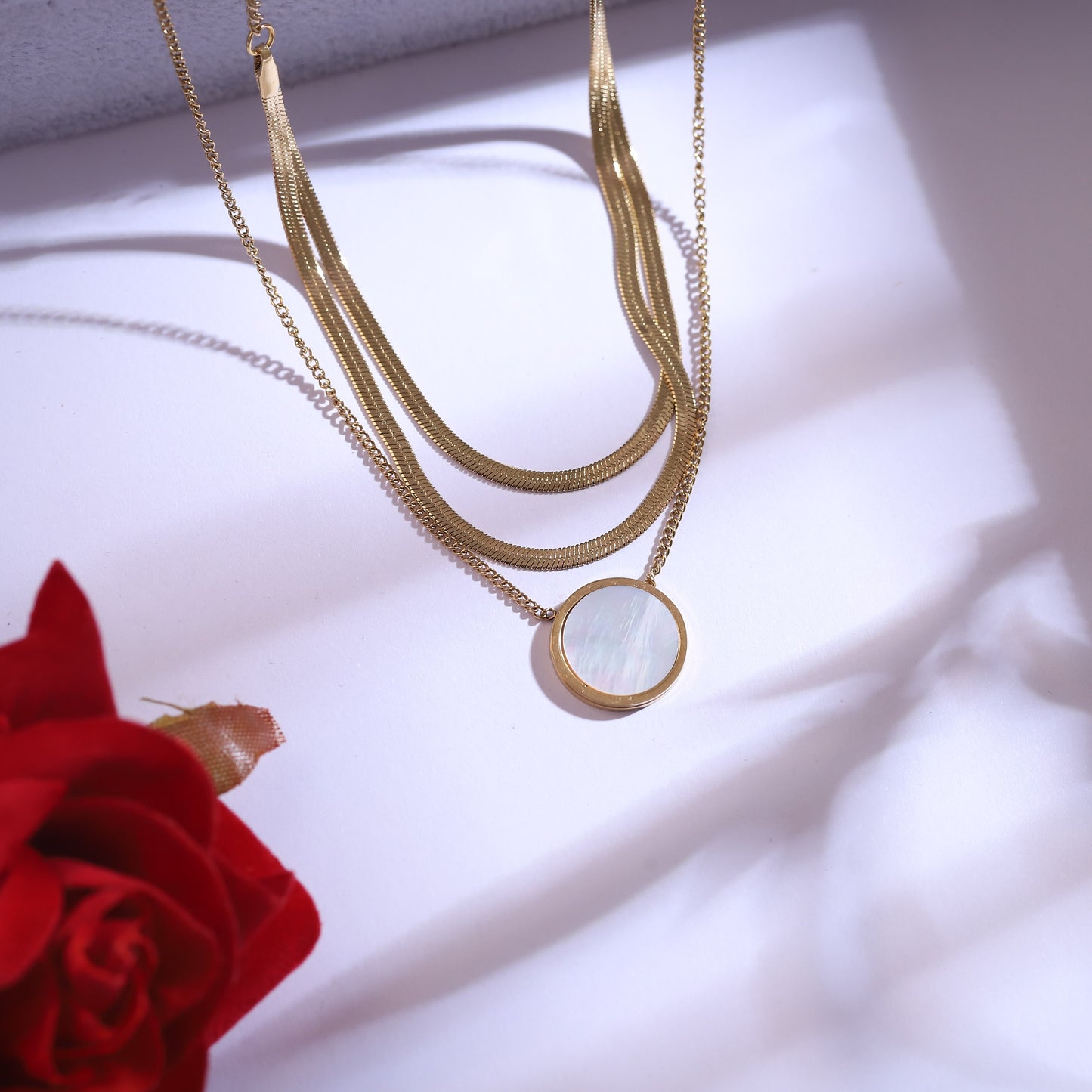 Golden Mother of Pearl Disc Layered Necklace Set with Stud Earrings - Elegant Minimalist Jewelry